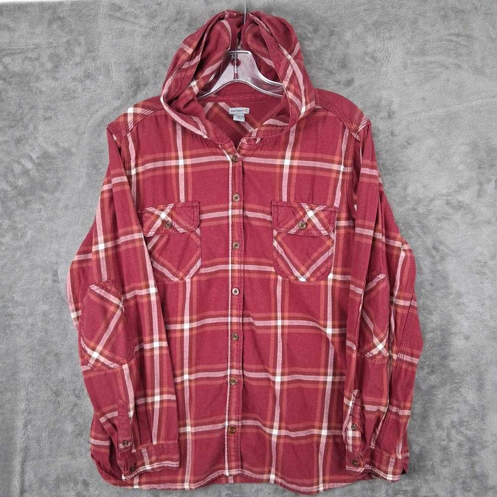 Carhartt Womens XL Red Plaid Hooded Flannel Shirt Elbow Patches 102261 601